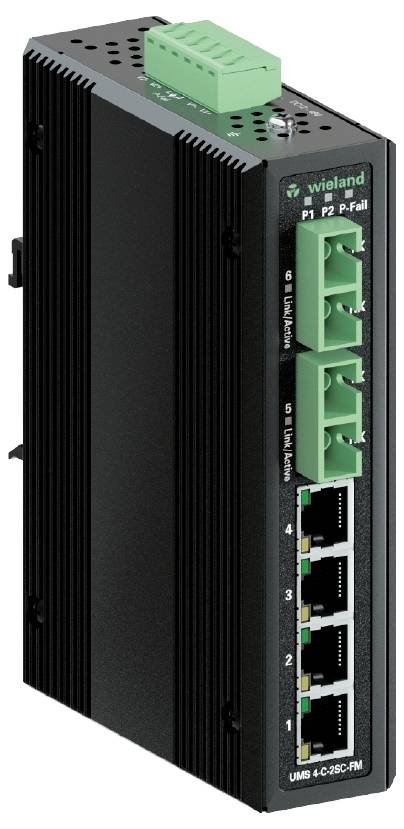 Industrie-Router in schwarzem Gehäuse mit grünen Anschlüssen und vier Ethernet-Ports. Modellbezeichnung 'UMS 4-C-3SC-FM'.