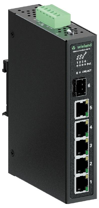 Ein schwarzer Netzwerk-Switch mit fünf Ethernet-Ports und grüner Steckverbindung oben. Herstellerlogo oben links auf der Vorderseite.