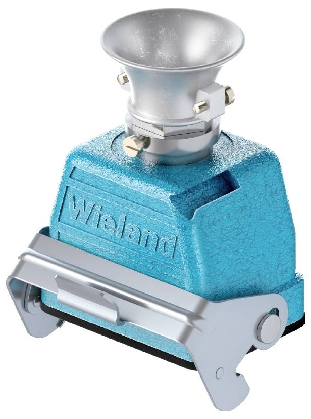 Metallisches, blaues Gerät mit trichterförmiger Öffnung oben, montiertem Befestigungsmechanismus vorne, markiert mit 'Wiesland'.