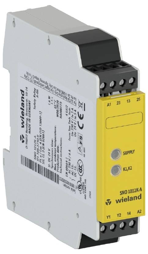 Gelbes Sicherheitsrelais-Modul mit schwarzen Anschlüssen und aufgedrucktem Text. Hersteller: Wieland Electric, Modell: SNO 1012K-A.