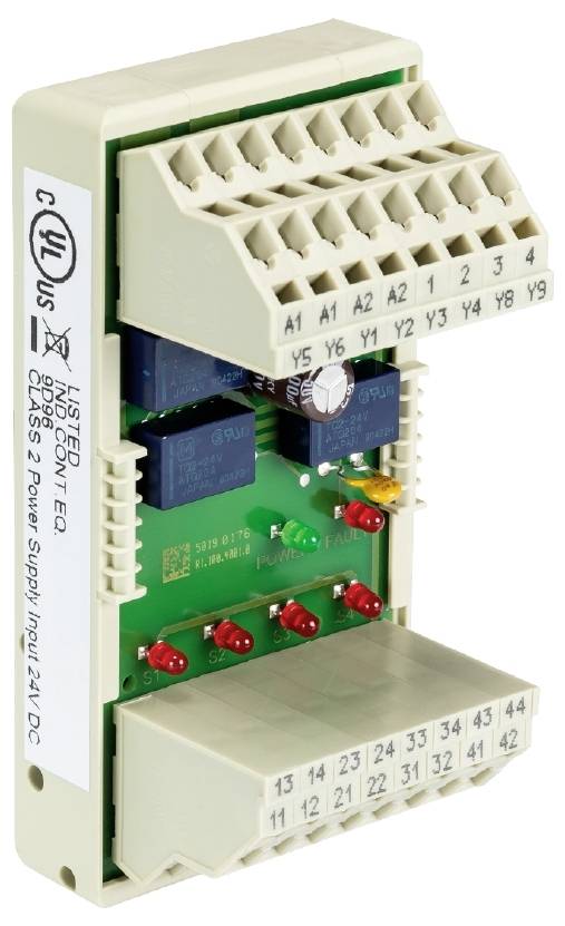 Elektrisches Relaismodul mit mehreren Anschlussklemmen und LED-Anzeigen zur Steuerung von Stromkreisen, geeignet für industrielle Anwendungen.