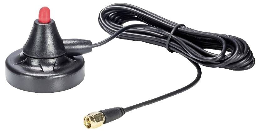 Magnetfußantenne mit roter Spitze und schwarzen Kabel, geeignet für drahtlose Kommunikation und GPS, mit SMA-Anschluss.