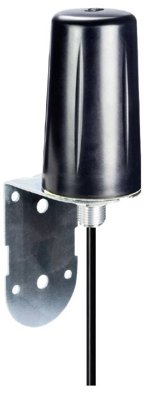 Eine schwarze, zylindrische Antenne mit Metallhalterung und Kabel, geeignet für die externe Montage auf Fahrzeugen oder Gebäuden.