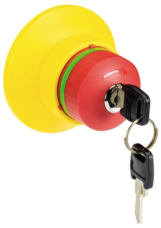 Not-Aus-Schalter in gelber Halterung mit rotem Knopf und zwei eingesteckten Schlüsseln, symbolisiert Sicherheit und Kontrolle in Notfällen.