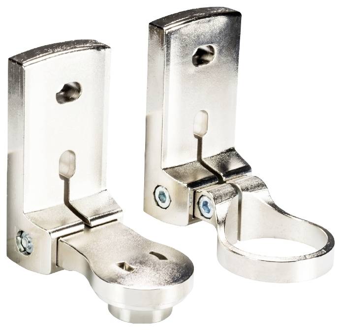 Zwei silberne Metallhalterungen, eine mit einem runden Haken, die andere mit einer flachen Verlängerung. Sie sind nebeneinander angeordnet.