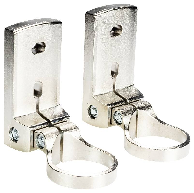 Zwei silberne Wandhalterungen aus Metall zur Befestigung von Gegenständen an einer Wand, mit Schraubenlöchern für die Montage.