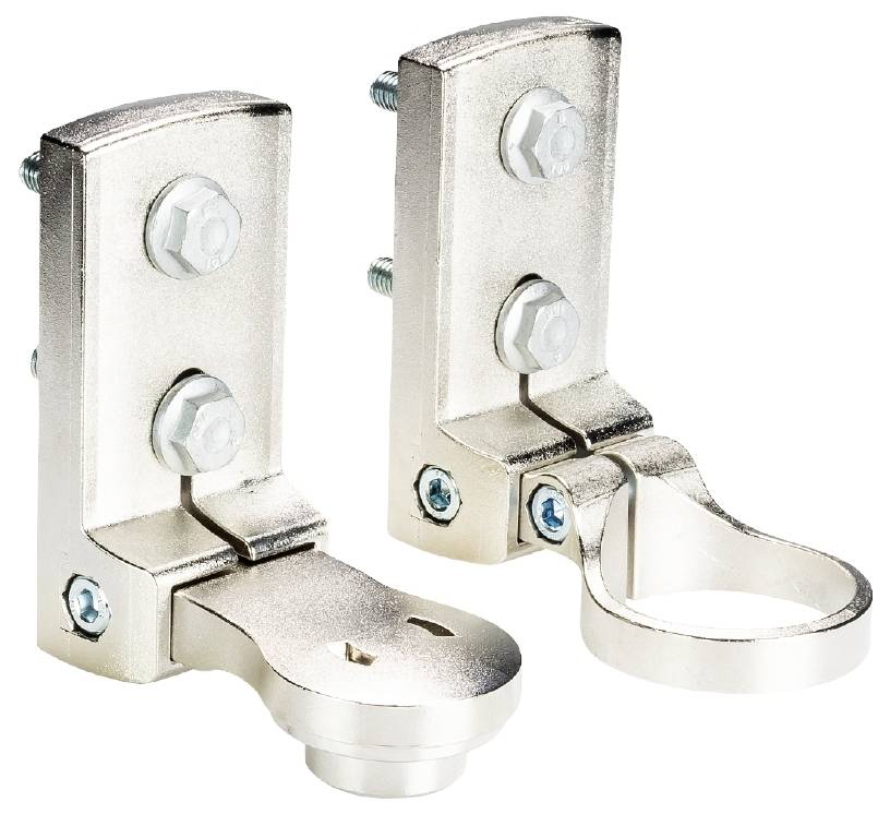 Zwei vernickelte Metallhalterungen mit Schraubbefestigung. Links eine einfache Halterung, rechts mit zusätzlichem Ring für Kabel.