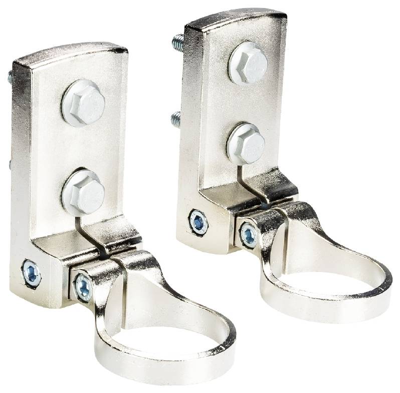 Zwei silberne Metallklammern mit Schrauben, die zur Befestigung von Objekten geeignet sind.