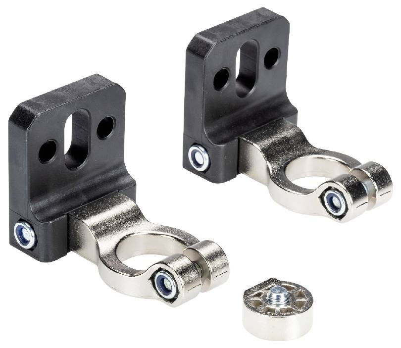 Zwei schwarze Metall-Halterungen mit Schraubverschlüssen, geeignet zur Befestigung von Gegenständen an einer flachen Oberfläche.