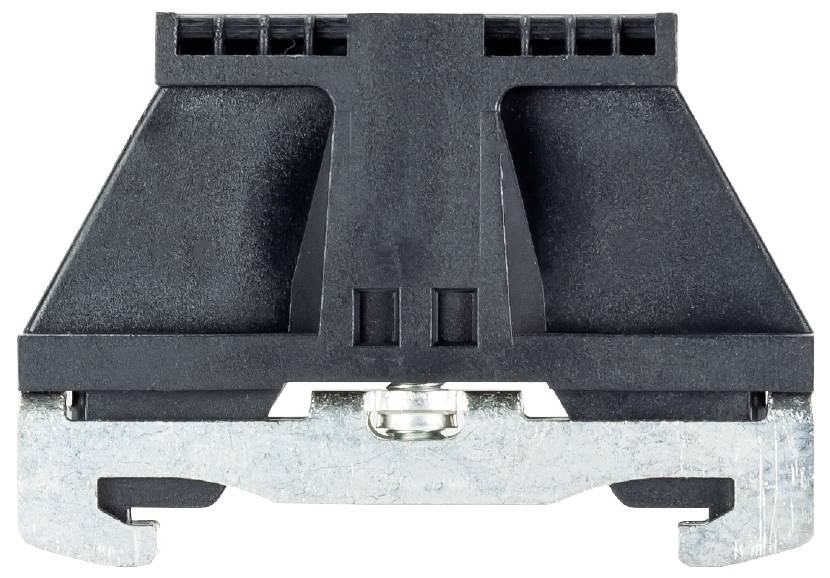 Eine schwarze Kunststoffhalterung mit metallischer Befestigungsbasis, wahrscheinlich für technische oder industrielle Anwendungen.