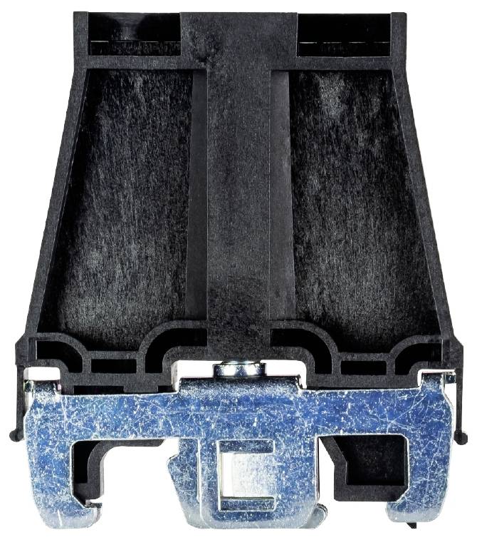 Schwarze und blaue elektrische Klemme, überwiegend aus Kunststoff und Metall, von vorne abgebildet.