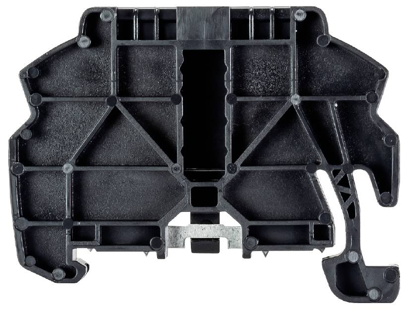 Kunststoffbauteil in Schwarz, mit mehreren Unterteilungen und Verstrebungen. Wird häufig in elektrischen Anwendungen verwendet.