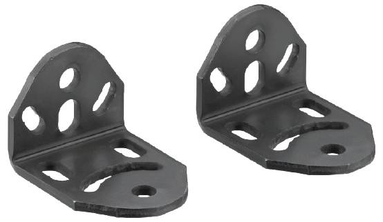 Zwei schwarze Metallwinkel mit mehreren Bohrungen, geeignet für Regal- oder Möbelmontage.