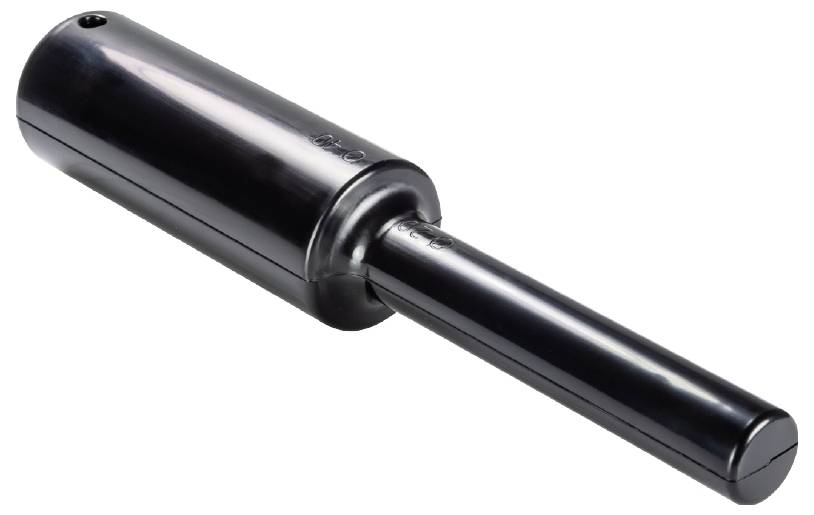 Ein schwarzer zylindrischer Metallbolzen mit einer abgeschrägten Kante, möglicherweise ein Maschinenteil oder Werkzeug.