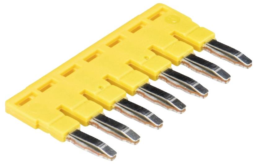 Gelbe Steckleiste mit sechs Metallpins, genutzt für elektronische Verbindungen auf Leiterplatten.