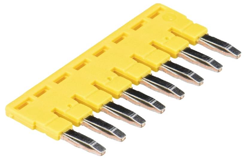 Eine gelbe Stiftleiste mit sechs Pins, die zur elektrischen Verbindung von Komponenten verwendet wird.