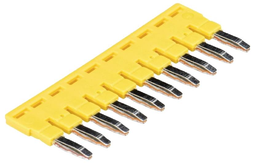 Gelbe Stiftleiste mit acht Metallstiften, üblicherweise in elektronischen Schaltungen verwendet.