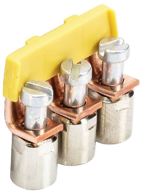 Drei Metallanschlüsse mit gelbem Kunststoffteil oben, verbunden durch Kupferelemente. Elektrische Klemmen zum Verbinden von Leitungen.