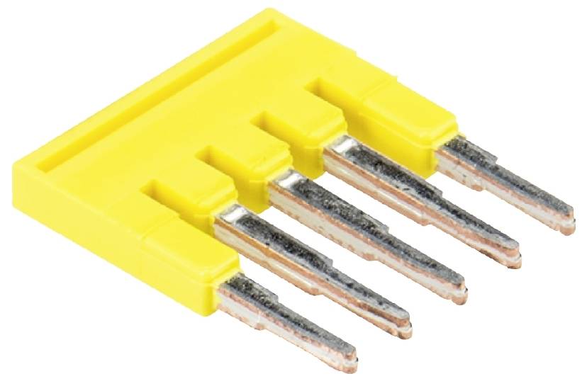 Gelber Jumper mit fünf Metallstiften zum Verbinden von elektrischen Schaltungen.