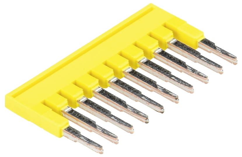 Gelber Jumper mit neun Metallsteckern, typisches Bauteil für elektronische Schaltungen, zur Verbindungssteuerung verwendet.
