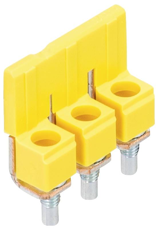 Gelber dreipoliger Kabelstecker mit Metallschrauben, verwendet zur elektrischen Verbindung in Schaltungen.