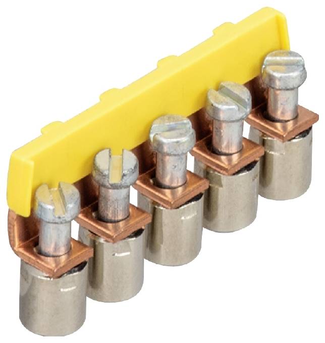 Ein gelber Steckverbinder mit fünf Klemmschrauben, verwendet zur elektrischen Verbindung oder Erdung von Kabeln.