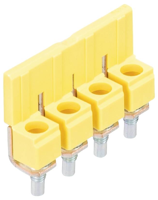 Gelber Steckverbinder mit vier Kontaktplätzen für elektrische Verbindungen, angeordnet in einer Reihe, vor weißem Hintergrund.