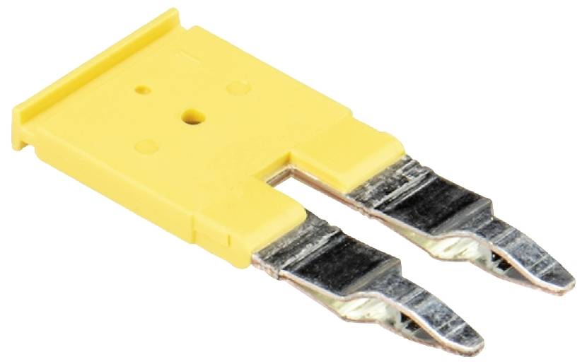 Gelbe Flachsicherung mit zwei Metallkontakten für elektrische Anwendungen. Geeignet zur Sicherung von Stromkreisläufen in Fahrzeugen.