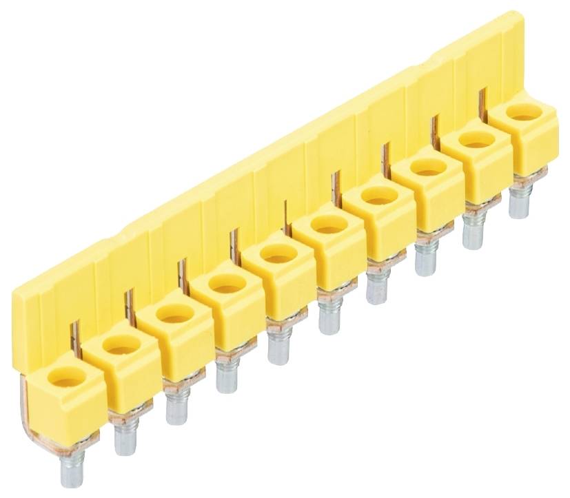 Gelbe Kunststoffklemme mit neun Schraubanschlüssen in einer Reihe, zur elektrischen Verbindung und Sicherung von Leitungen.