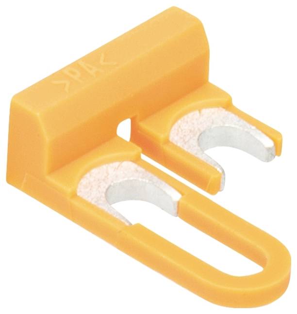 Ein orangefarbener Brücker mit zwei Anschlüssen, typisches Zubehör für elektrische Anschlüsse in Verteilerschränken.