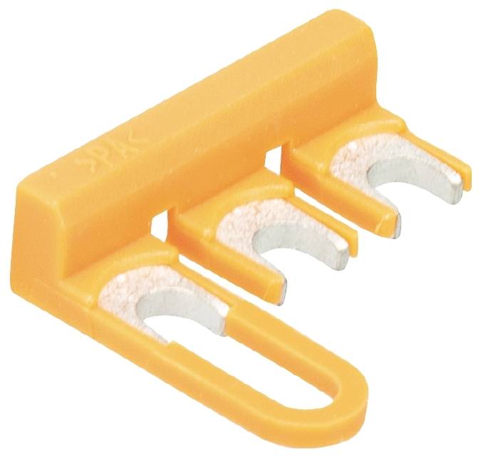 Oranges Kunststoffteil mit drei silbernen Kontakten. Es hat eine rechteckige Form und dient zur Verbindung von elektrischen Drähten.