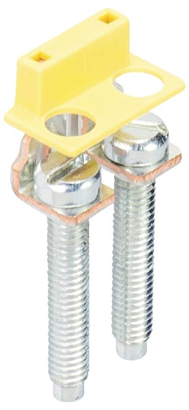 Zwei silberne Schrauben mit einem gelben Kunststoffhalter oben angebracht.