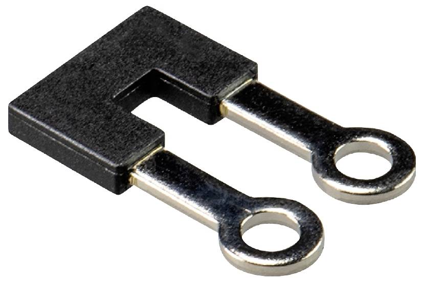 Schwarzer Kunststoff-U-Stecker mit zwei Metallkontakten, die als elektrisches Verbindungsstück in Schaltkreisen verwendet werden.