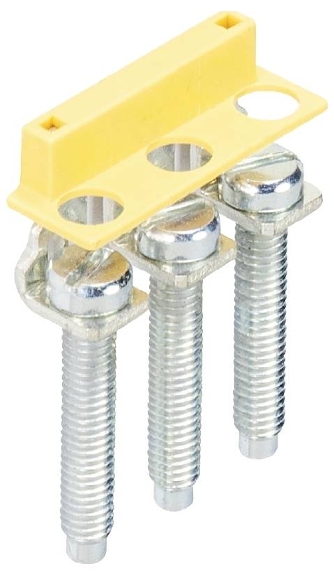 Drei silberne Metallbolzen mit einem gelben Kunststoffhalter oben.