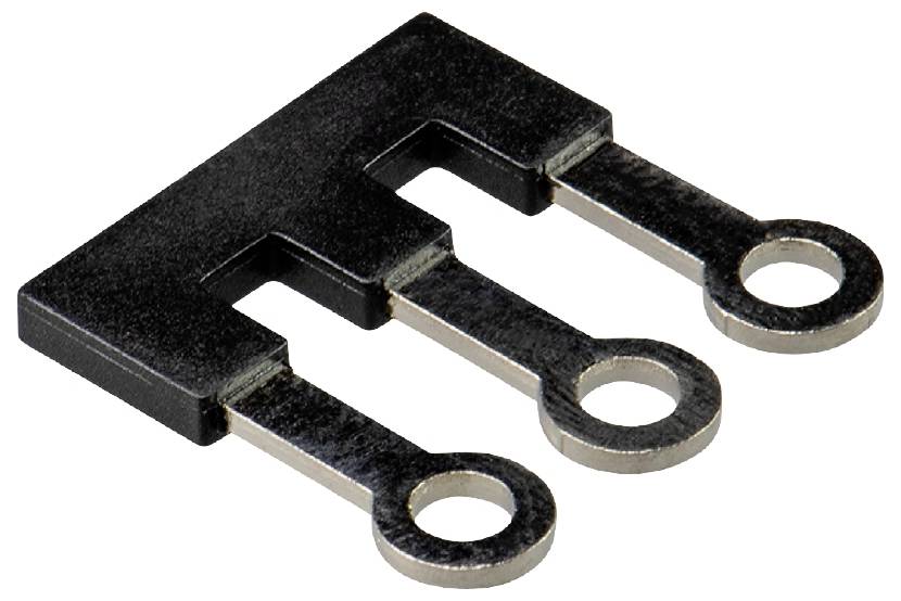 Ein schwarzer dreipoliger Brückenverbinder mit drei Metallkontakten. Dient zum Herstellen von elektrischen Verbindungen auf Platinen.