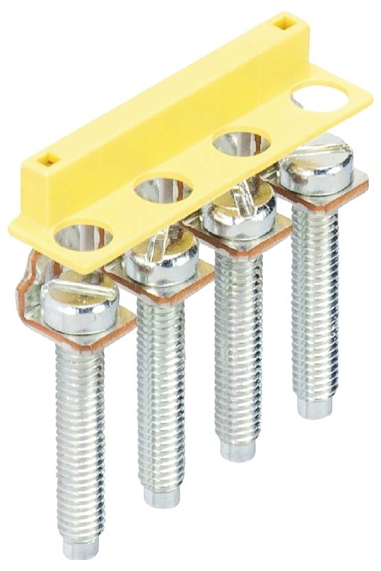 Ein gelber Kabelverbinder mit vier silbernen Schrauben, die aus einer Metallplatte herausragen.