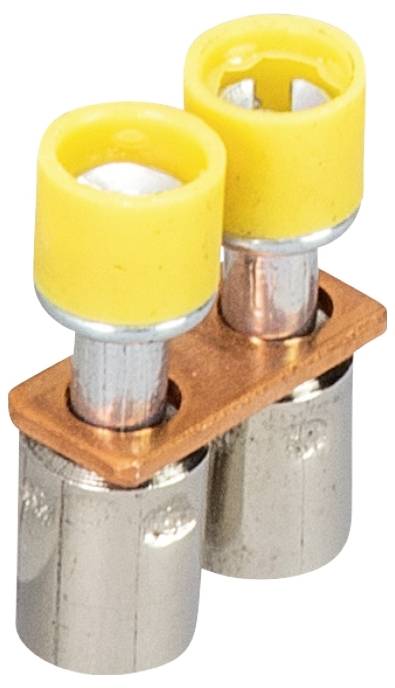 Zwei gelbe elektrische Steckverbinder in Metallhülsen, verbunden durch eine Kupferbrücke.