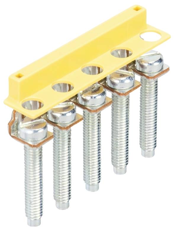 Metallverbindungsstück mit fünf Schrauben und gelbem Plastikteil oben. Wird zur Befestigung und Verbindung elektrischer Komponenten verwendet.