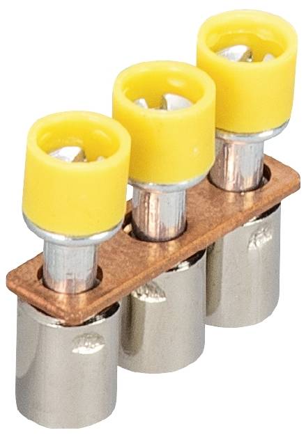 Drei gelbe Kabelklemmen auf einer Kupferplatte. Jede Klemme hat eine silberne Basis. Hauptsächlich für elektrische Verbindungen.