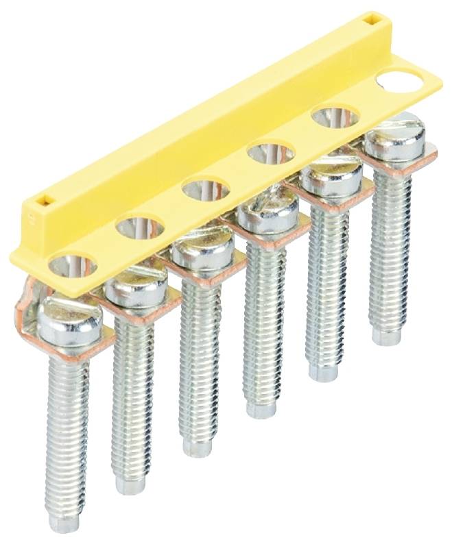 Sechs metallische Bolzen mit einem gelben Kunststoffhalter oben. Bolzen sind gleichmäßig in einer Reihe angeordnet.