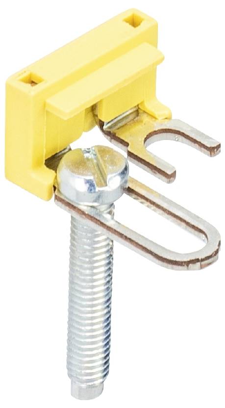 Eine gelbe Schraubklemme mit einem Metallbolzen und einer U-förmigen Halterung, verwendet zur Befestigung von elektrischen Kabeln.