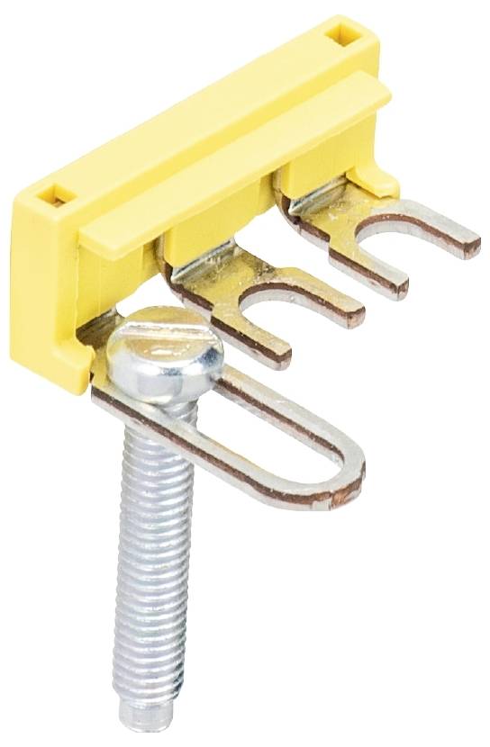 Metallschraube mit gelbem Kunststoffclip und Gabelkontakten, verwendet für elektrische Verbindungen oder Montagezwecke.