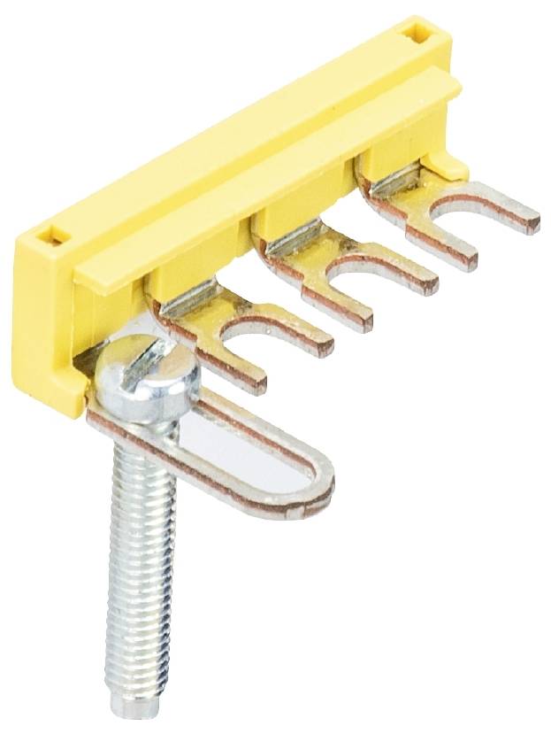 Elektrische Klemmleiste mit gelbem Gehäuse und vier Anschlüssen, montiert auf einer Metallbefestigungsschraube.