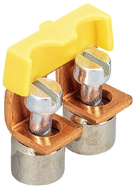 Zwei silberne Schrauben in einem kupfernen Halter mit einem gelben Kunststoffgriff oben.