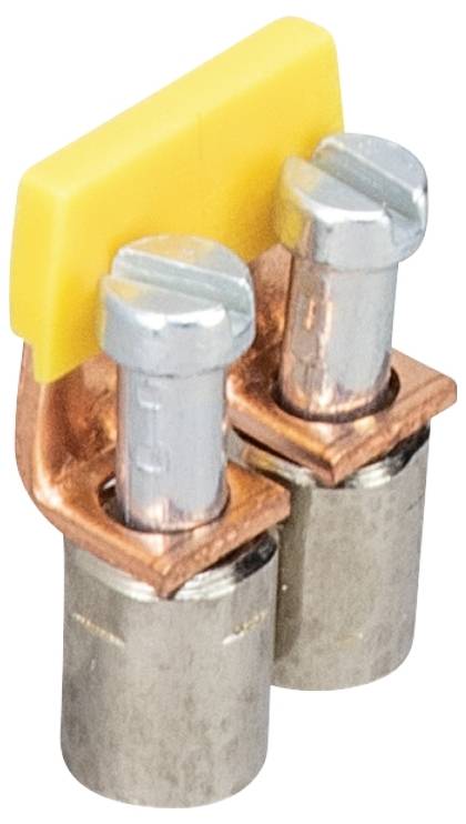 Zwei metallische Schraubklemmen mit einer gelben Kunststoffabdeckung, die eine elektrische Verbindung sichern.