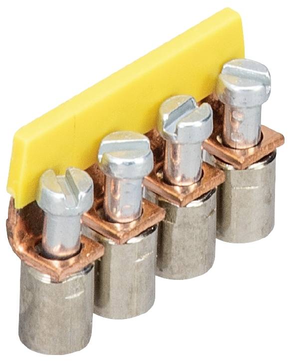 Elektrischer Anschlussblock mit vier Schraubklemmen, Kupfermaterial und gelbem Isolator oben. Verwendet für Kabelverbindung.
