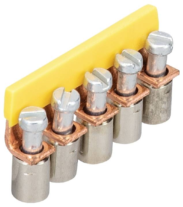 Mehrpolige Sammelschiene mit fünf metallischen Anschlussklemmen und einer gelben Kunststoffabdeckung. Klemmen sind für Kabelverbindungen.