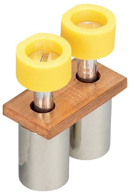 Zwei metallische Röhren mit gelben Steckverbindungen, die auf einem Holzblock befestigt sind. Sie dienen zur elektrischen Verbindung.