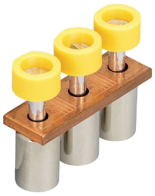 Eine elektrische Steckverbindung mit drei gelben, runden Isolatoren auf Metallstiften. Dient zur sicheren Stromübertragung.