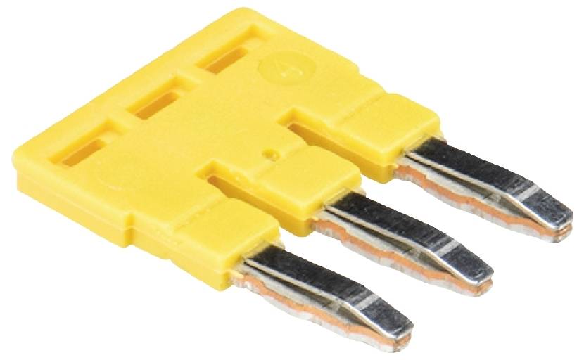 Gelber Jumper mit drei Metallpins, oft genutzt zur Anpassung von Einstellungen auf Computer-Mainboards und elektronischen Schaltungen.